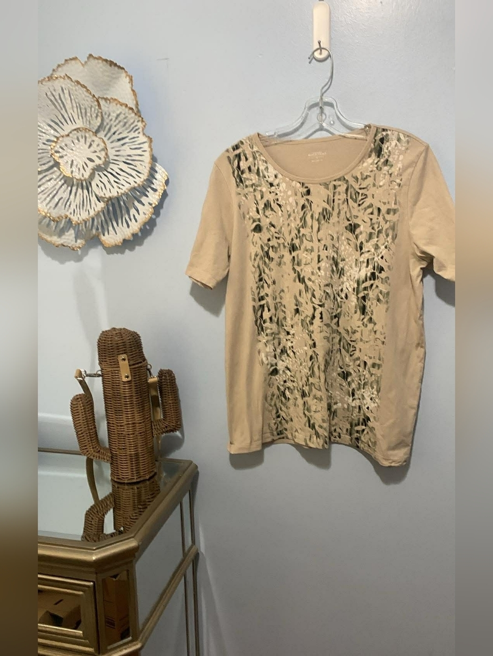 Beige Short-Sleeve Womens Top with Leaf Print